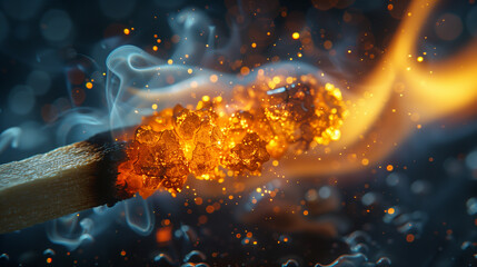 Macro view of a matchstick igniting