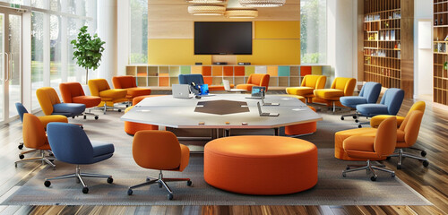 A collaborative meeting area with modular furniture that can be easily rearranged to accommodate different group sizes and activities
