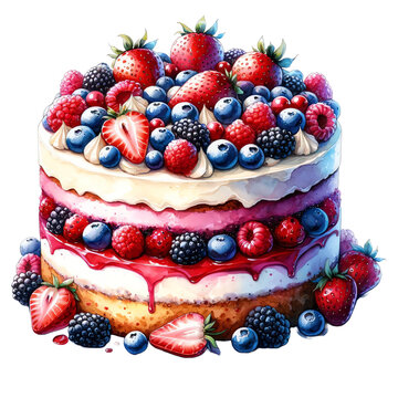 Watercolor Painting of a Berry Cake