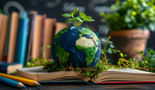 Image of plants forming planet earth, with various books and pencils, representing climate education and the importance of teaching climate literacy in schools
