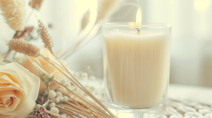 Obraz na płótnie Canvas A lit candle beside a delicate arrangement of flowers and wheat, casting a soft light that evokes a sense of calm and serenity. 