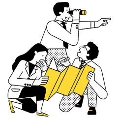 Vector illustration character of business person teamwork, working together concept. Outline, thin line art, hand drawn sketch, ink style.