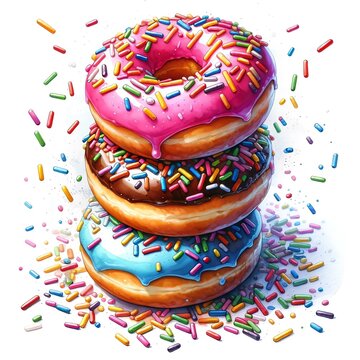 Watercolor Painting of Colorful Glazed Donuts with Sprinkles