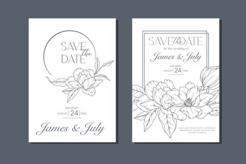Line Art Magnolia Wedding Invitation template,  Outline Magnolia Minimalist Wedding Stationery