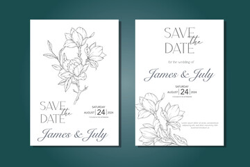 Fototapeta na wymiar Line Art Magnolia Wedding Invitation template, Outline Magnolia Minimalist Wedding Stationery