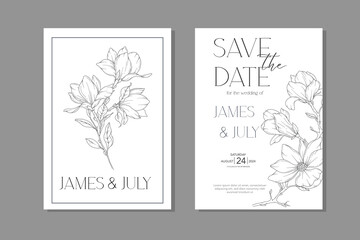 Line Art Magnolia Wedding Invitation template,  Outline Magnolia Minimalist Wedding Stationery