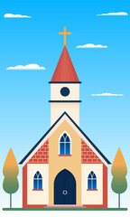 Catholic church with a cross against a blue sky - 769854590