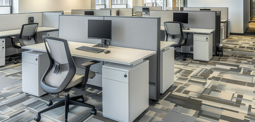 A modern cubicle layout with adjustable privacy screens, ergonomic chairs, and integrated power outlets and USB ports for seamless connectivity
