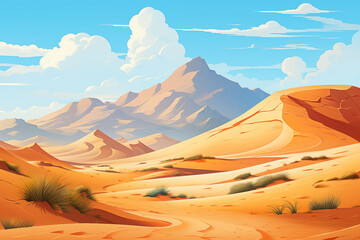 Sandy desert. Cartoon sand dunes in hot desert, summer heat in Arabian African American barren land. Flat illustration