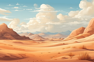 Desert landscape. Cartoon sandy dunes, sunny day with clouds in hot desert barren land flat style. Flat illustration