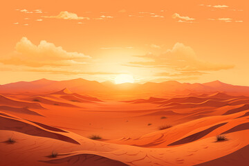 Fototapeta na wymiar Desert sandy landscape. Sunny day in dunes during sunset, hot desert barren land flat minimalistic style. Cartoon illustration