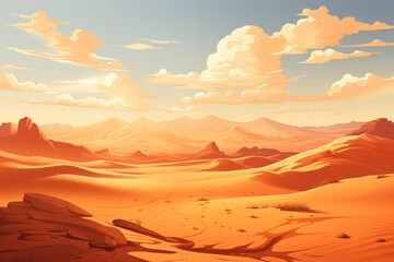 Cartoon desert sandy landscape. Summer heat in dunes, sunset sunrise in hot desert barren land flat style. Flat illustration