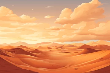 Fotobehang Warm oranje Desert sandy landscape. Cartoon summer heat in dunes, sunset sunrise in hot desert barren land flat style. Flat illustration