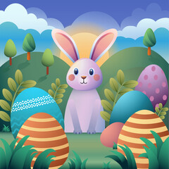 Cartoon Easter bunny among green meadow and colorful eggs