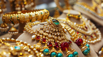 Exquisite golden jewelry with colorful gems on a display stand, symbolizing luxury and opulence