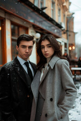 A man and a woman in formal clothes walking down the street in a snowfall