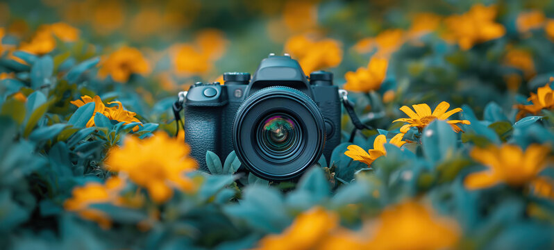 digital camera in yellow flower blossom field, Generative Ai
