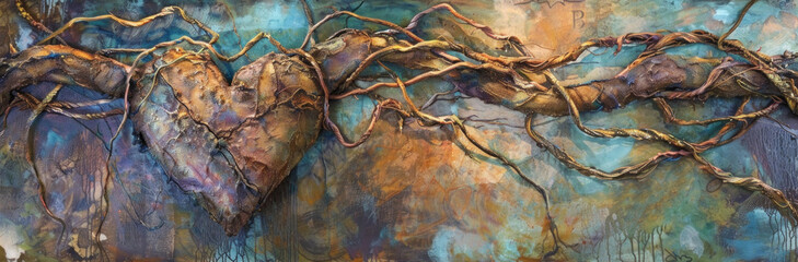 A heart-shaped wooden piece with intertwining branches against an abstract multicolored backdrop