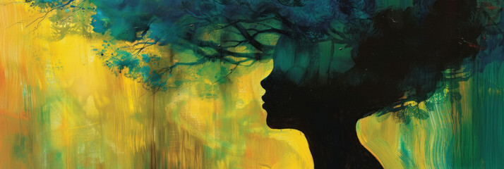 A painting of a woman with a tree emerging from her head, showcasing a surreal concept blending human and nature