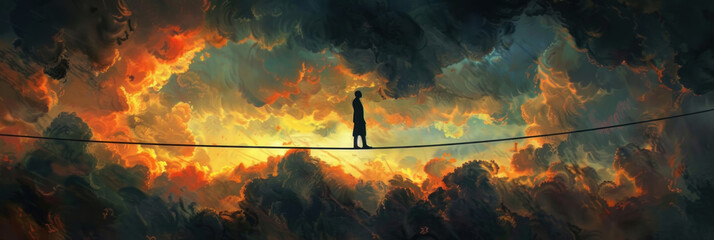 A man stands confidently on a tightrope suspended in the middle of a cloudy sky, showcasing impressive balance and nerve - obrazy, fototapety, plakaty