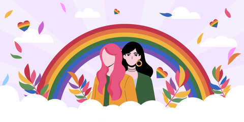lgbt pride community banner, girls with a rainbow. Vector graphics.