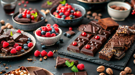 Fototapeta premium Table set up of chocolate cakes and sweets, like praline, brownies, truffles and nuts, berries and others desserts 