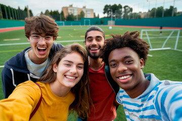 A group of young people take selfies on the playing field