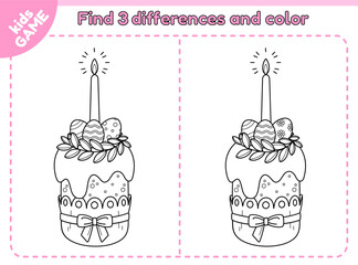 Easter kids game Find the 3 differences with cartoon Easter cake with painted eggs, candle. Spot the differences. Educational puzzle for children. Traditional spring holiday cupcake. Vector outline.