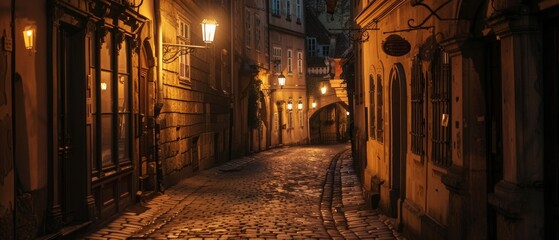 The old quarter's narrow streets, illuminated by the soft golden light of lanterns, evoke a sense of history and mystery under the night sky. - obrazy, fototapety, plakaty