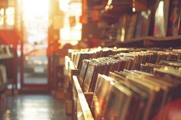 A vintage record store with rows of vinyl records is captured in the soft focus and warm tones reminiscent of classic photography Generative AI
