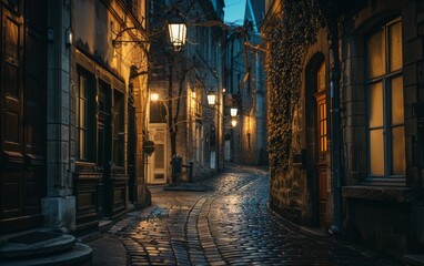 Fototapeta premium Timeless architecture and cobblestones are draped in dusk's embrace, with lanterns guiding the way through this tranquil urban escape.