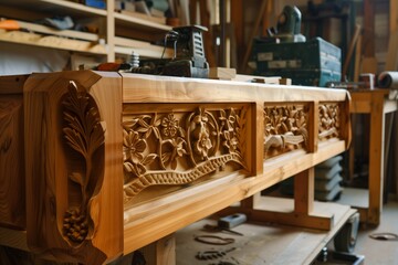 wooden sideboard with carvings in progress on workshop table - 769856949