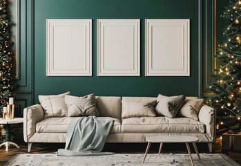 3 white mockup frames on the wall of an elegant living room with sofa, green walls, warm lights, table and christmas tree