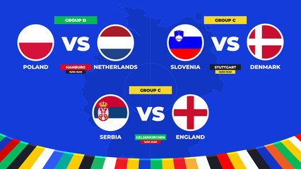 Match schedule. Group C and D matches of the European football tournament in Germany 2024! Group stage of European soccer competition Vector illustration.