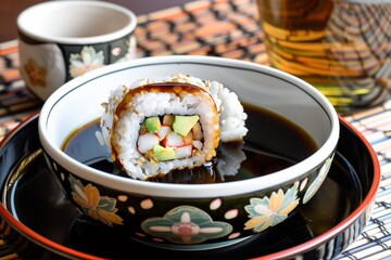 dipping sushi into soy sauce bowl with sake cup beside