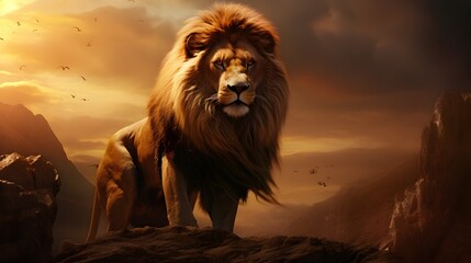 Majestic Lion Overlooking Rugged Cliffs and Sunset Sky in Awe-Inspiring Wilderness - obrazy, fototapety, plakaty