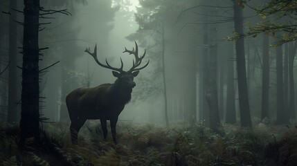 Majestic Stag Amid the Misty,Enchanted Forest Landscape