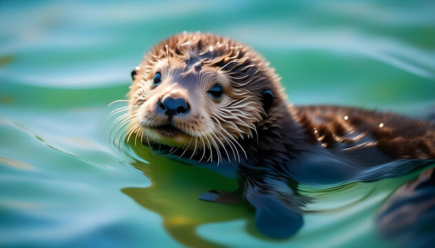 A baby sea otter swimming in water with rays of sunlight shining through
