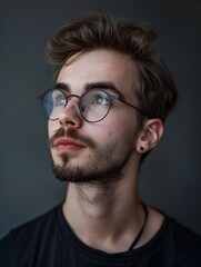 Pensive Young Man with Stylish Beard and Eyeglasses in Moody Studio Portrait
