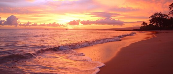 A tropical beach paradise bathed in the sunset's amber light, with waves softly lapping at the shoreline under a picturesque sky.