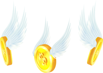 3d flying golden coin with wings angel wings soaring in the sky.