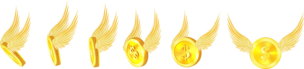 3d flying golden coin with golden angel wings soaring in the sky. - obrazy, fototapety, plakaty