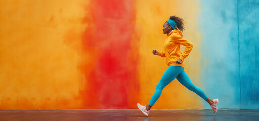 a black athletic young woman in blue leggings and a yellow hoodie runs against a background of a bright multi-colored wall, the colors harmoniously match each other