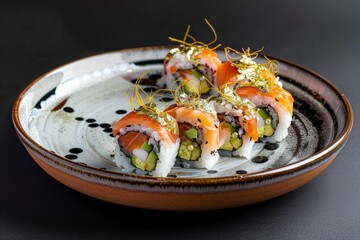 gourmet sushi dish with gold leaf garnish on a ceramic plate