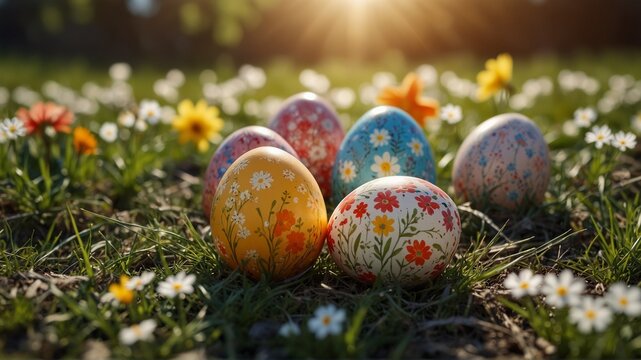 Easter eggs lying on a green meadow with flowers