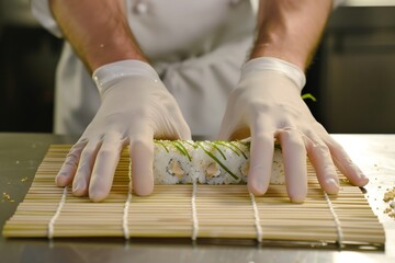 chef rolling a california roll on bamboo mat