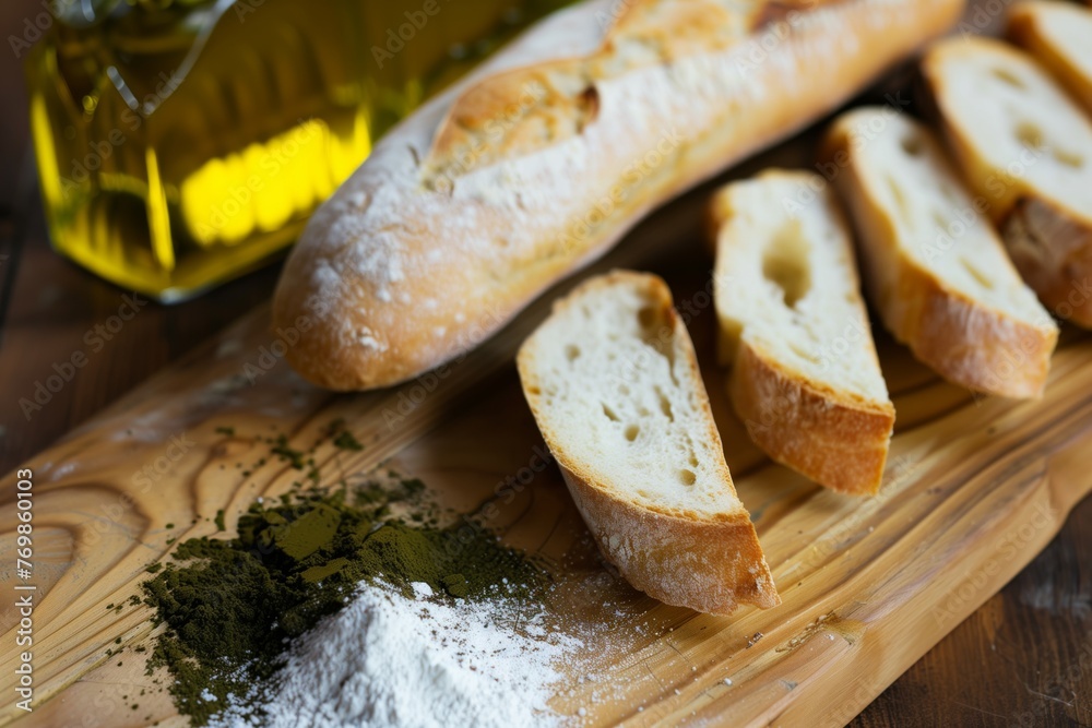 Wall mural olive oil powder next to fresh bread on wooden board