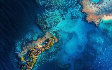 From the sky, the ocean's surface opens to a textured seabed, revealing a patchwork of coral and marine topography in a dance with light and shadow.