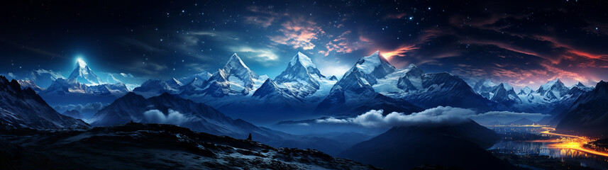 The panoramic image shows a breathtaking mountain range at night, its glowing peaks shining under the starry sky, while the lower slopes are covered in clouds. AI generated. - obrazy, fototapety, plakaty