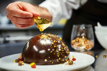 chef carefully placing gold leaf on a chocolate dome dessert